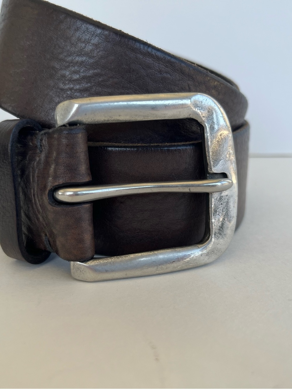 John Varvatos Brown Leather Belt w Solid Pewter Buckle- Size 32/80